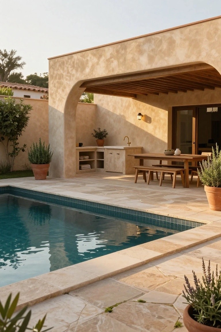 Beige stucco outdoor kitchen with wood cabinets, gold faucet, and wooden dining table on tiled patio next to rectangular blue pool, under wood-beamed arched cover with potted plants.