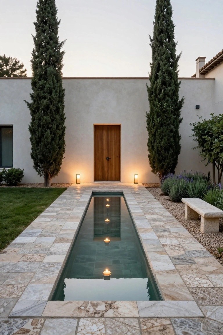 White stucco house facade with centered wooden door flanked by two tall cypress trees, a long stone pathway featuring a central narrow reflecting pool with floating candles, flanked by grass lawn, gravel beds, lavender plants, lanterns, and a stone bench.