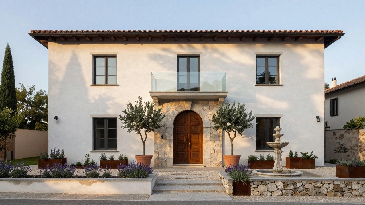 White stucco two-story house with terracotta tile roof, arched wooden front door in stone archway, glass balcony with potted olive trees above, stone fountain in gravel courtyard, lavender plantings, and cypress trees nearby.