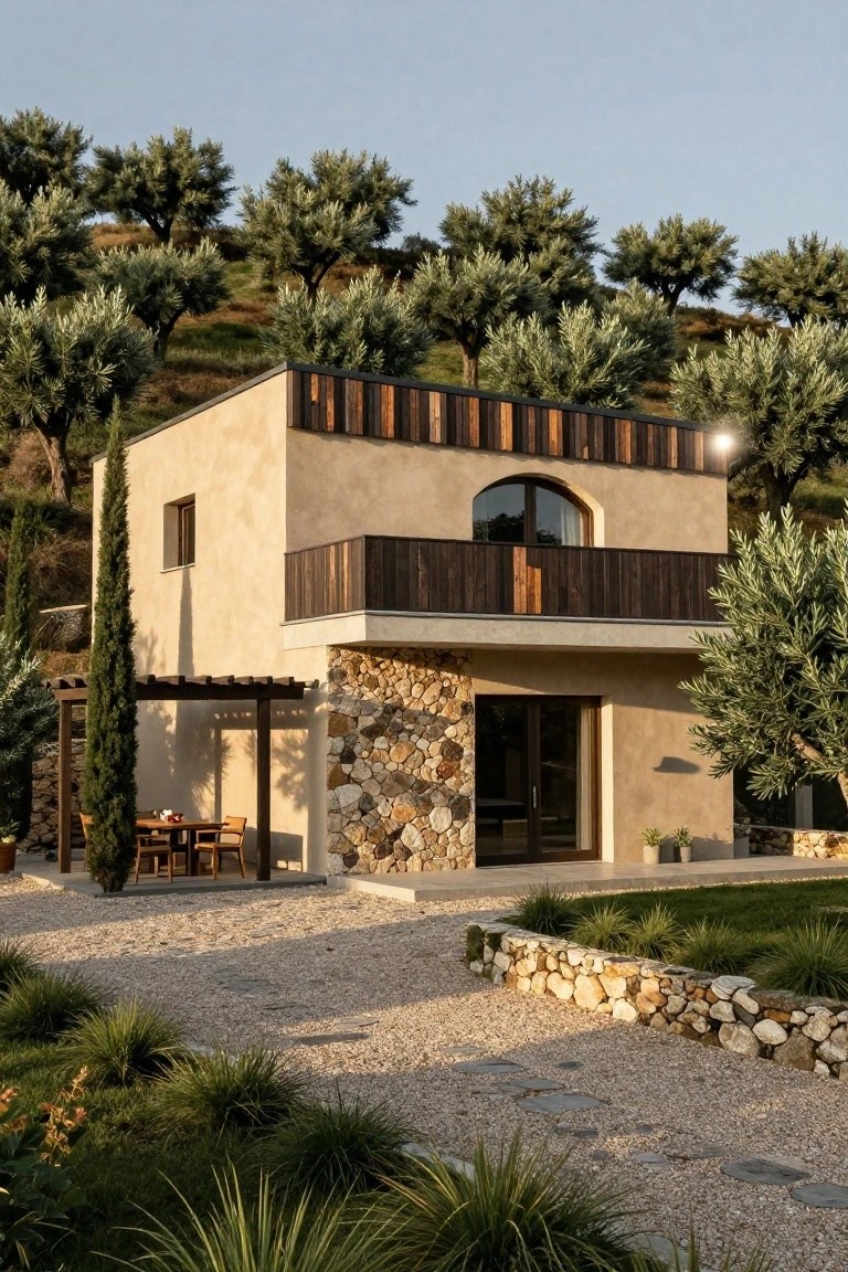Two-story modern house exterior featuring beige plaster walls over a rugged stone base, wooden balcony and cladding details, gravel pathway, outdoor seating under a pergola, and surrounding olive trees on a hillside.