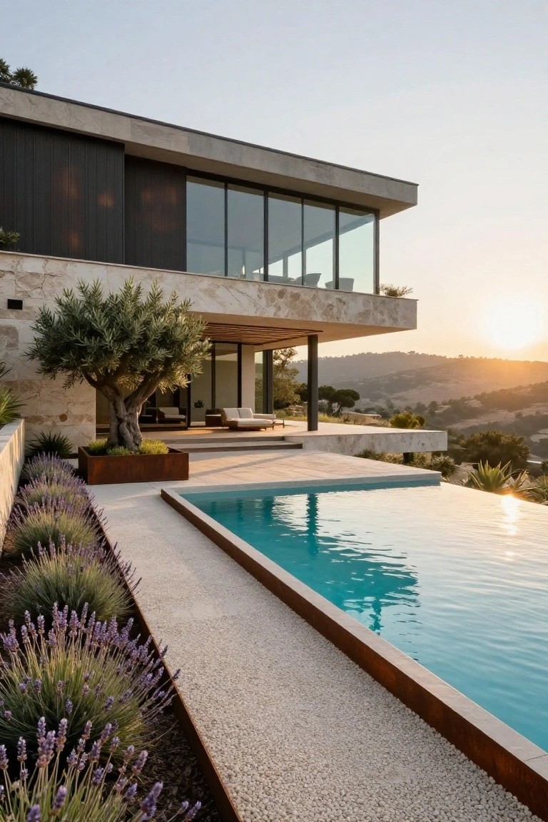 Modern house exterior with cantilevered infinity pool edged in stone and bordered by lavender plants and gravel path, featuring a large olive tree and glass walls overlooking hills at sunset.