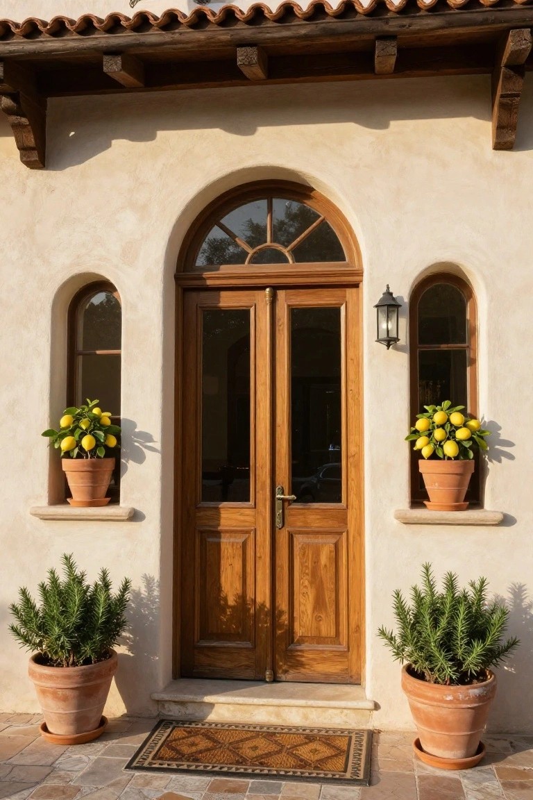 Beige stucco house facade with arched wooden double doors, flanked by lemon trees in terracotta pots within arched niches and on the ground with rosemary plants, a lantern light, and a patterned entry mat on tiled steps.