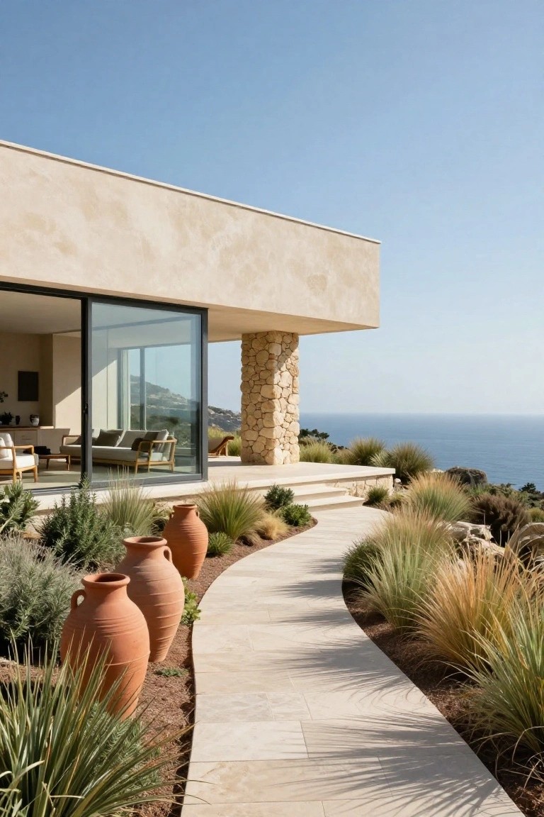 Beige stucco modern house exterior featuring a cantilevered corner supported by a tall stone pillar, large black-framed glass sliding doors opening to a terrace with furniture, curved light stone pathway edged by grasses and large terracotta pots, with ocean view.