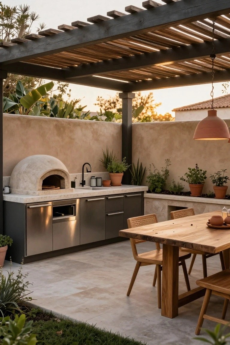 Outdoor kitchen under wooden pergola with beige dome pizza oven, stainless steel cabinets, stone sink, wooden dining table with rattan chairs, potted plants along stucco walls on tiled patio.