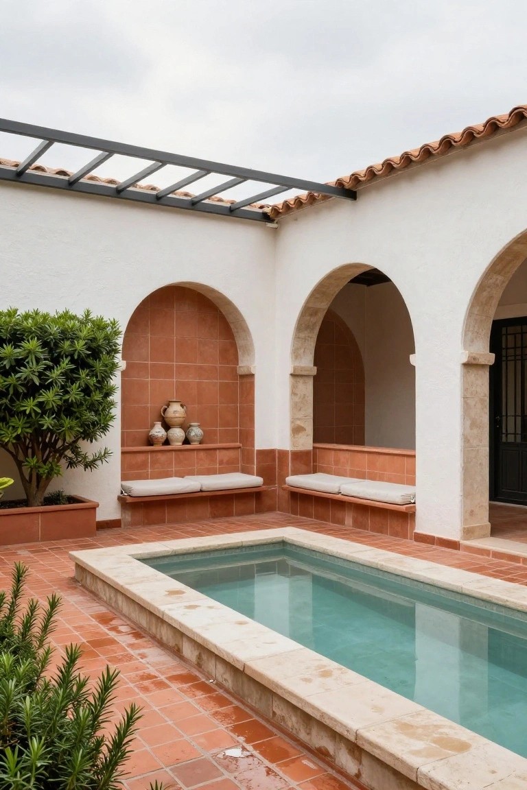 Small rectangular turquoise pool in a terracotta-tiled courtyard surrounded by built-in cushioned benches under white stucco arches with arched alcoves displaying pottery and potted evergreen shrubs.