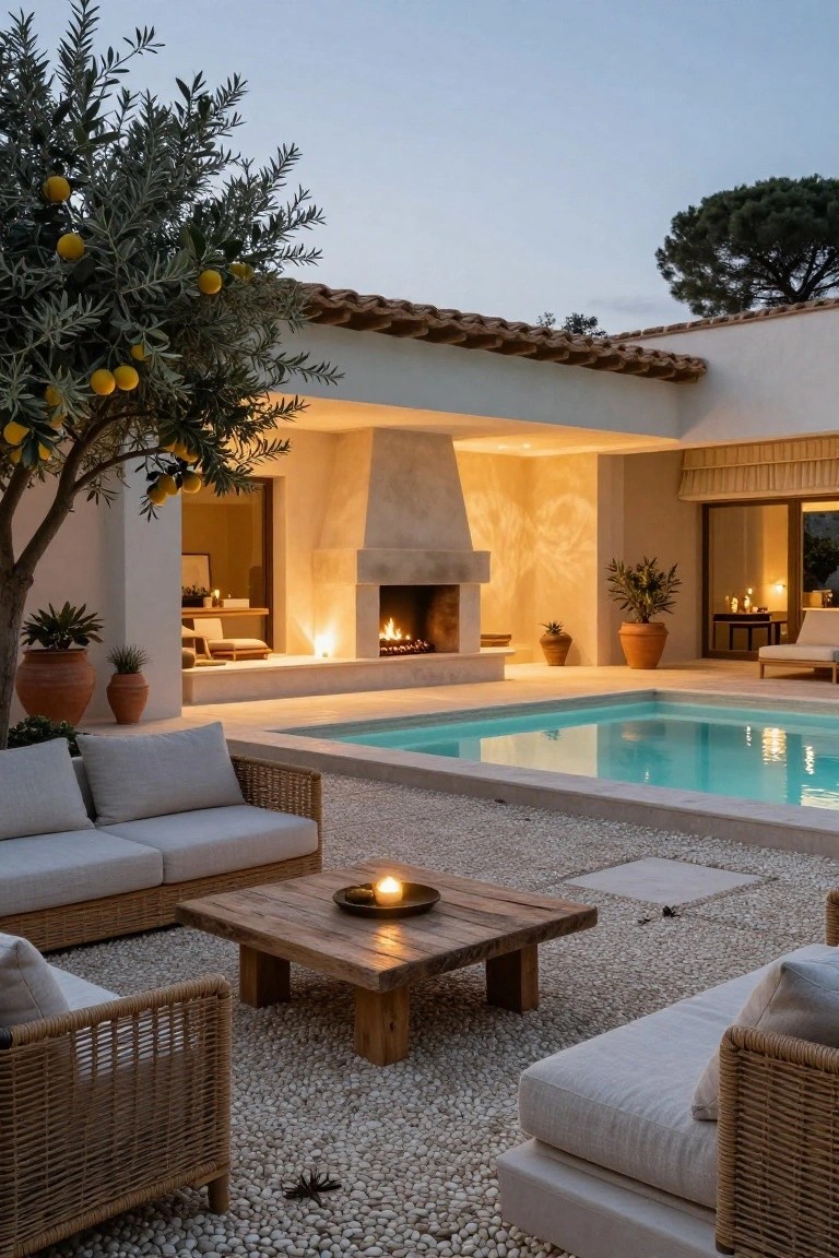 Outdoor pool with turquoise water adjacent to white pebble gravel patio featuring rattan lounge chairs, sofas, wooden low table with candle, potted plants, olive tree, terracotta pots, and modern house with open wall showing interior fireplace at dusk.