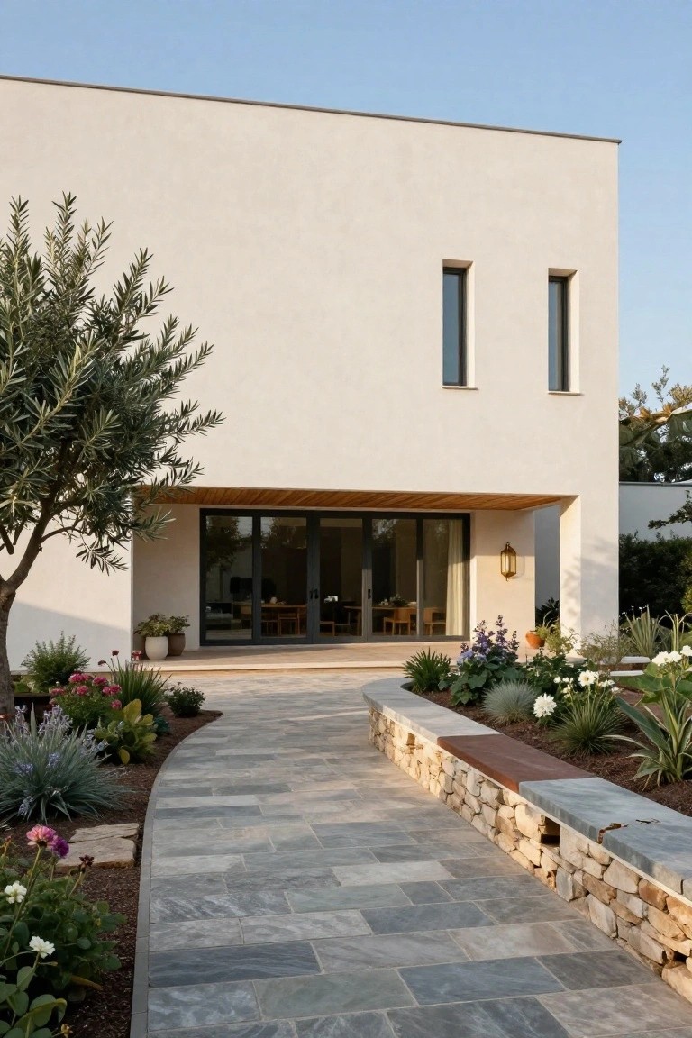 White stucco modern house exterior with recessed entry under wooden canopy over large sliding glass doors, curved gray flagstone pathway lined with agaves, succulents, white flowers, and olive tree.
