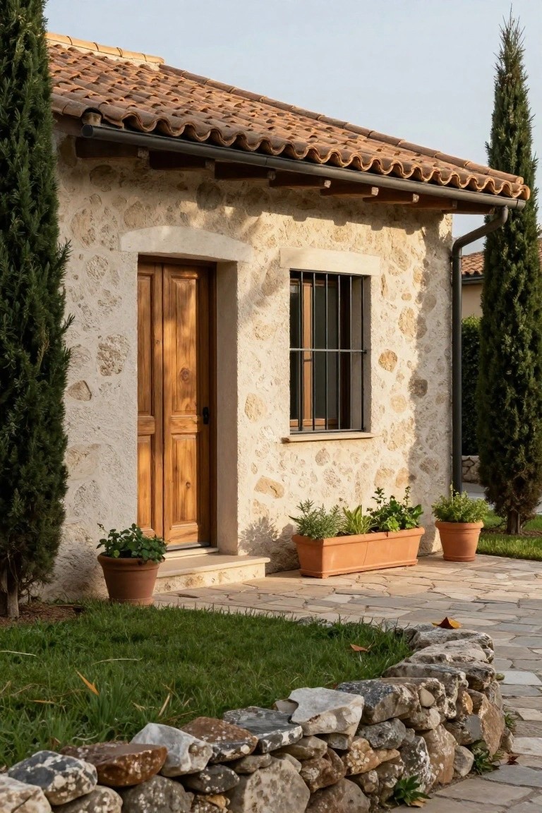 Beige textured stone house exterior with terracotta tile roof, double wooden front door, small barred window, tall cypress trees on both sides, potted plants near entry steps, and low stone retaining wall with grass.