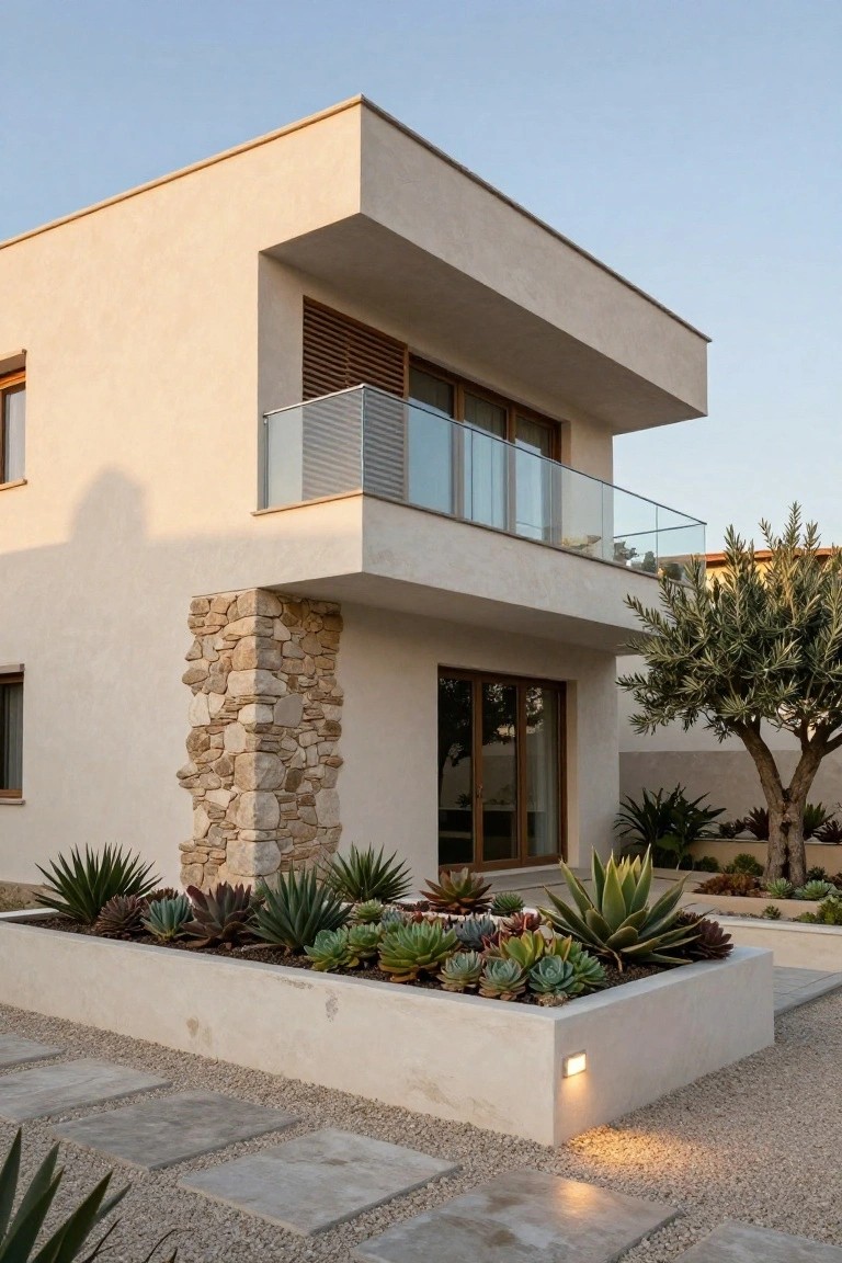 Beige stucco house exterior showing a corner with tall stone pillar accent, glass balcony with wooden shutters above, double wooden doors below, raised succulent planter bed, gravel ground cover, and stone stepping path.