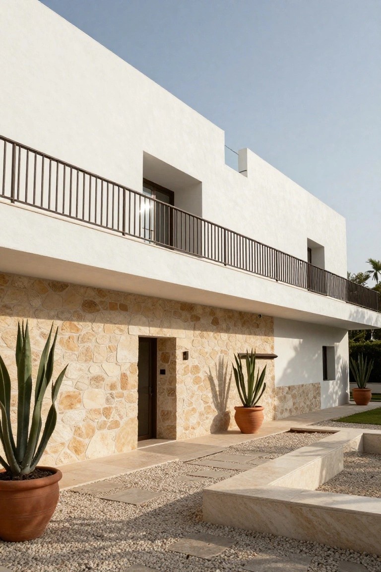 Modern two-story house exterior with white stucco upper walls over beige stone base, iron balcony railing, recessed entry door, large potted agave plants, gravel ground, and stone benches.