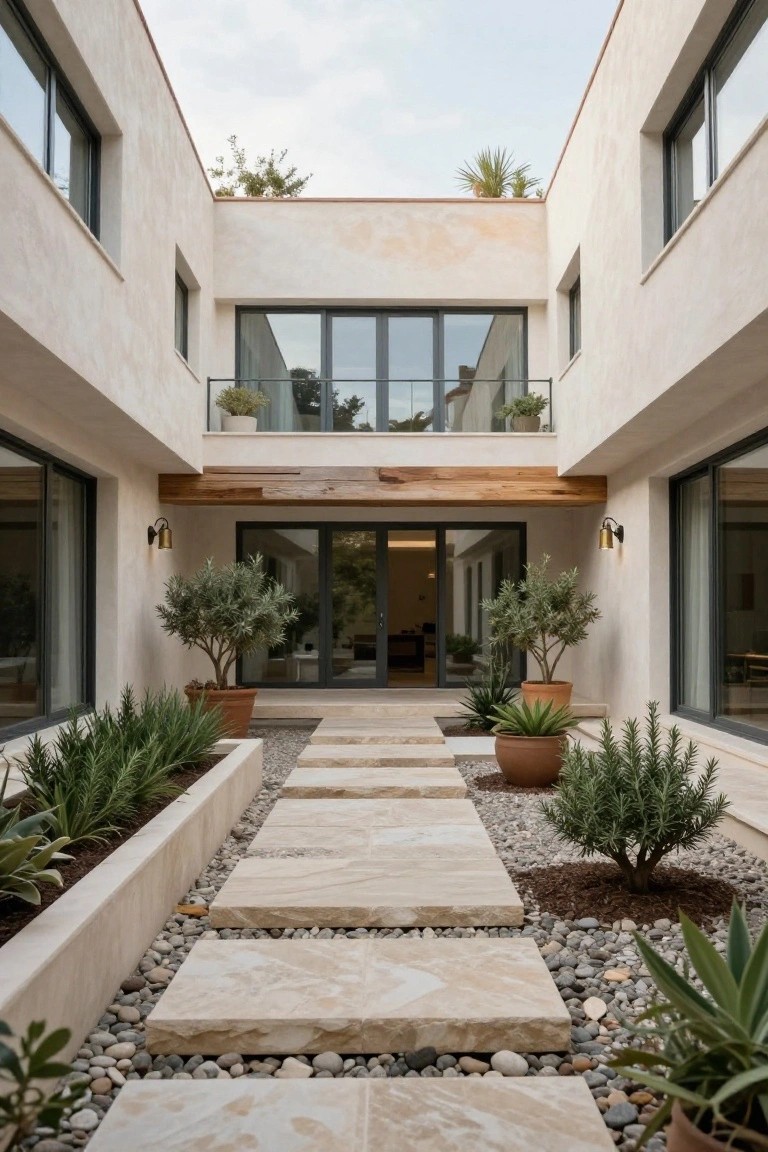 Beige stucco house exterior with a pathway of irregular stone slabs set in white gravel, flanked by raised planters containing olive trees, agaves, and rosemary, leading to recessed glass entry doors under a wooden beam with balcony above.
