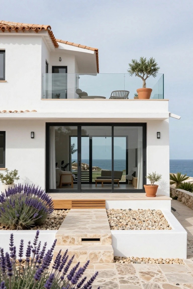White two-story house exterior with terracotta roof, upper glass-railed balcony with potted olive tree, large black-framed sliding glass doors opening from interior to terrace overlooking ocean, lavender bushes and pebble beds in foreground.