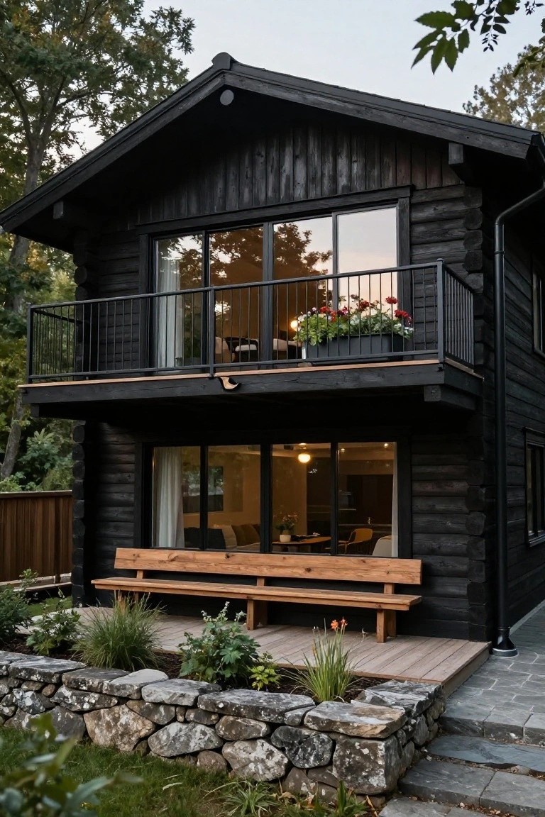 Two-story black log cabin exterior with large sliding glass doors and windows on the ground floor, a balcony with railing and flower boxes on the upper floor, wooden bench on the deck, stone retaining wall, plants, and surrounding trees at dusk.