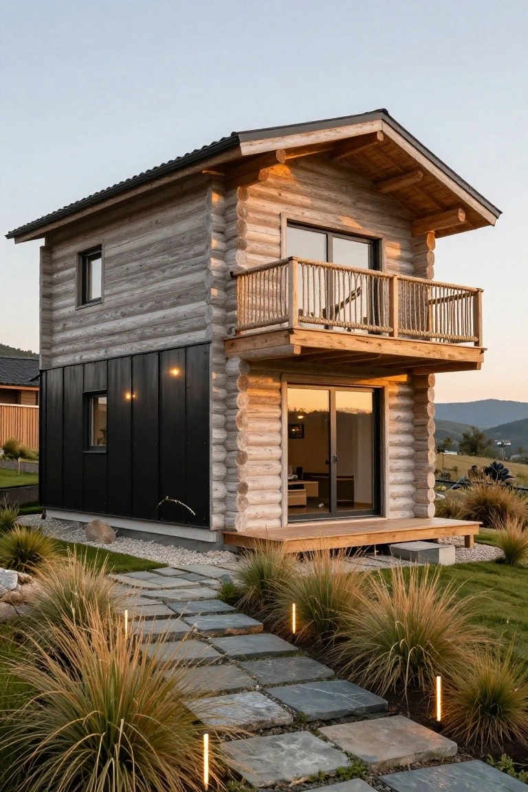 Two-story log cabin featuring light weathered logs on three sides and black metal cladding on the entry side, with a wooden balcony, sliding glass doors, deck, stone pathway, ornamental grasses, and surrounding lawn against a hilly backdrop at dusk.