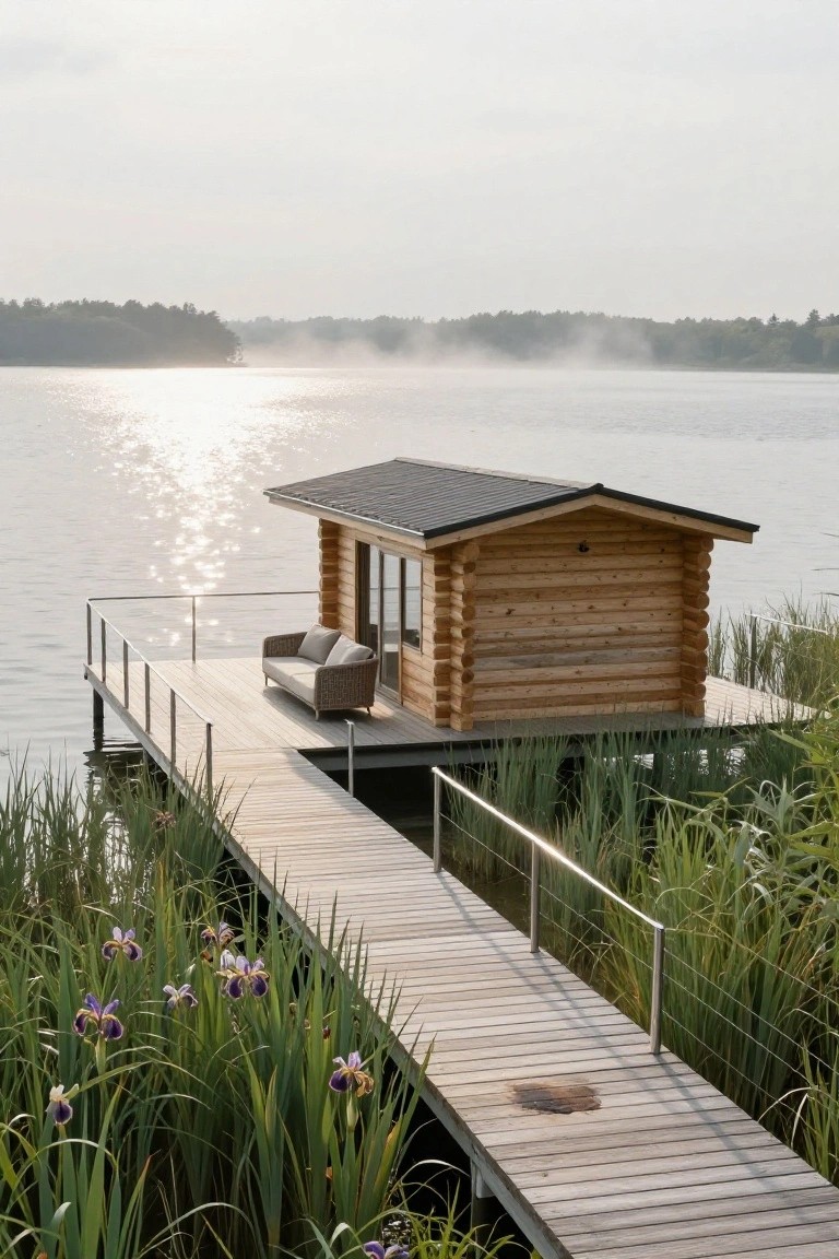Small wooden log cabin with black roof and glass door on a dock over a lake, with white sofa on the deck and wooden pier through reeds and purple iris flowers leading to it.