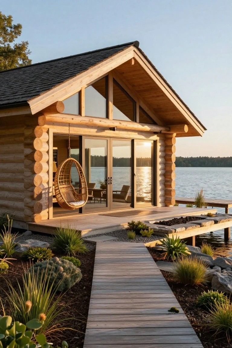 A log cabin exterior with round log walls, a dark sloped roof, large sliding glass doors, a hanging woven chair, wooden deck extending to a dock over a lake, and low plants along a boardwalk path.