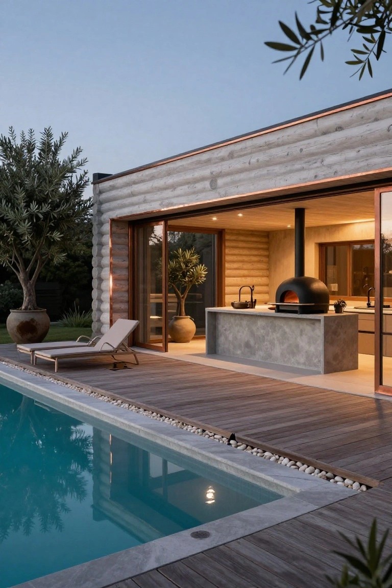 Exterior view of a modern log cabin with cedar walls and copper trim, featuring open wooden sliding doors to an outdoor gray concrete kitchen counter with a black dome pizza oven, wooden deck extending to a turquoise pool edged in pebbles and stone, olive trees nearby.