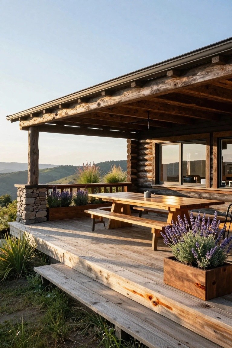 Wooden deck porch of a log cabin with a long picnic table and benches under timber beams, potted lavender plants in wooden boxes, stone pillar railing, and distant hill views at sunset.