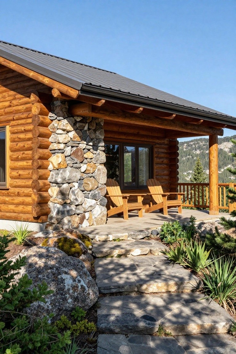 Exterior of a log cabin with a tall stone pillar at the corner, wooden porch featuring two Adirondack chairs, stone step path leading to the entry, plants and boulders nearby, and mountains in the background.
