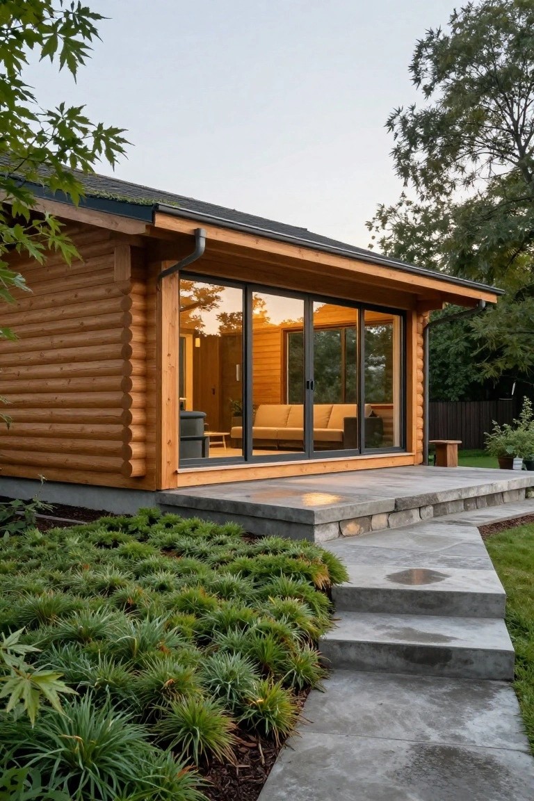 Exterior view of a log cabin with rounded wood walls, large black-framed sliding glass doors leading to a concrete deck and steps, surrounded by low green plants and trees.