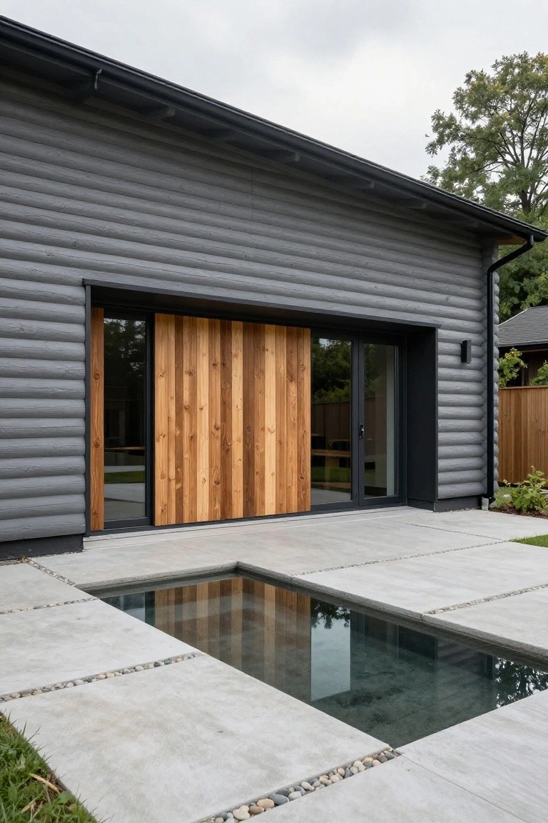 Gray horizontal log cabin exterior featuring a large sliding door clad in vertical wooden planks next to black-framed glass entry doors, with a concrete patio and shallow reflecting pool in front.