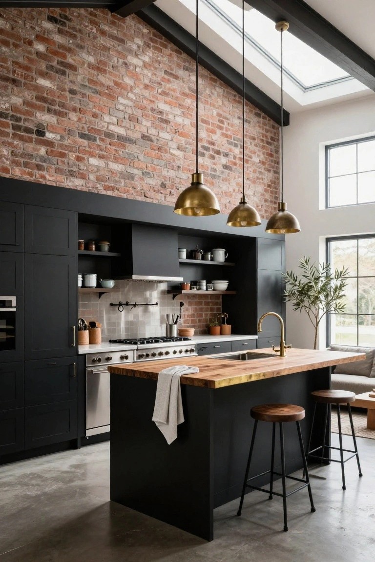 Modern open-concept kitchen with matte black cabinets, exposed brick accent wall, wooden island countertop with integrated sink, gold pendant lights, and black metal bar stools on a concrete floor.