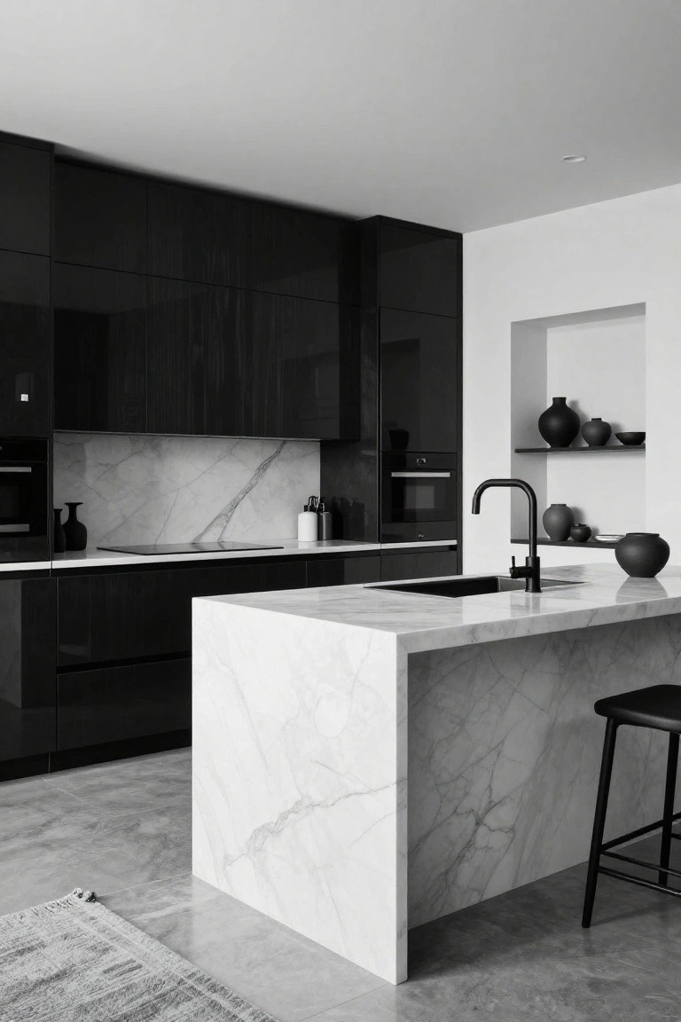 Modern kitchen with glossy black cabinets, white veined marble countertops and backsplash, black faucet and sink, oven, and one black bar stool at the island.