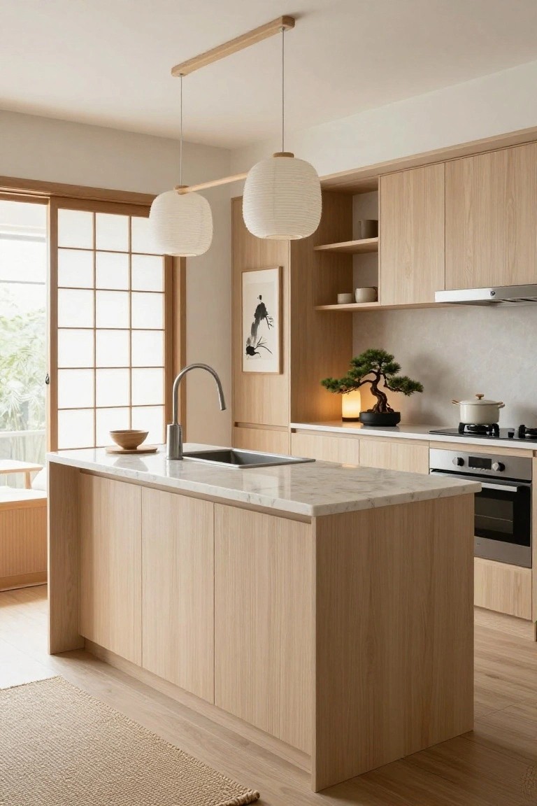 Modern kitchen interior with light wood cabinets and island, white marble countertop, stainless steel appliances, shoji sliding doors overlooking greenery, paper lantern lights, and bonsai plant on counter.