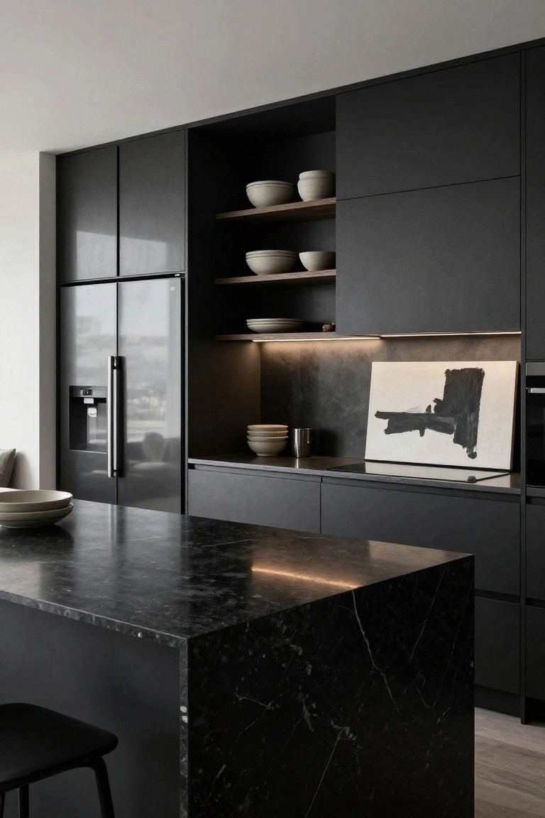 Modern open-concept kitchen with matte black cabinets, black marble island, integrated refrigerator, open shelves displaying white ceramic bowls, and an abstract black and white painting on the backsplash wall.