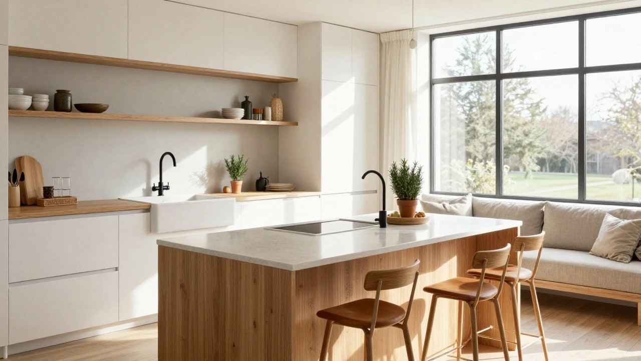 Bright modern kitchen with white cabinets, light wood-topped island including apron-front sink, black faucet, wooden bar stools, rattan pendant light, open shelves holding ceramics and plants, and window with sheer curtains.