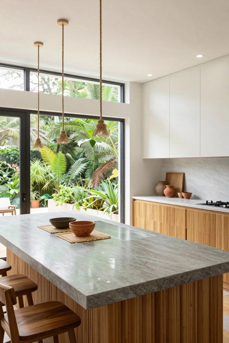 Modern kitchen island with marble top, wooden cabinets, and pendant lights overlooking lush greenery.