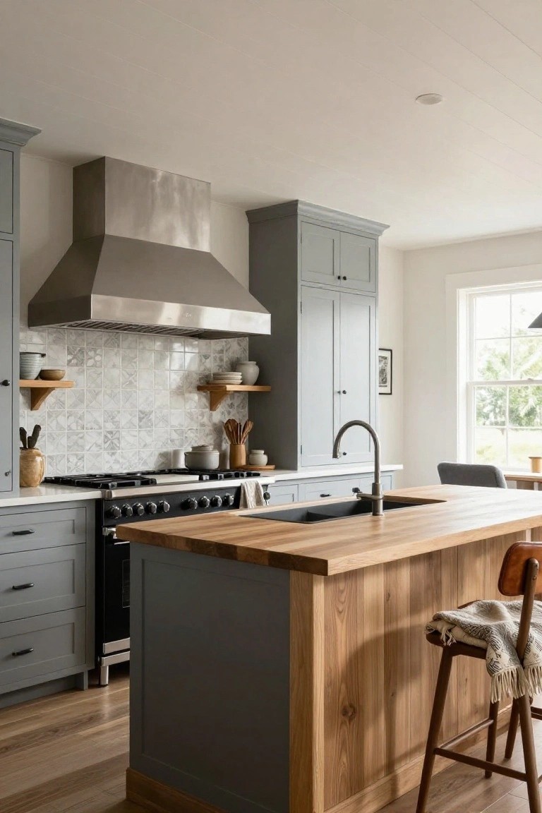 Modern open-concept kitchen with light gray cabinets, stainless steel range hood over a black gas range, white patterned tile backsplash, wood-topped island with integrated sink, and wooden stools.