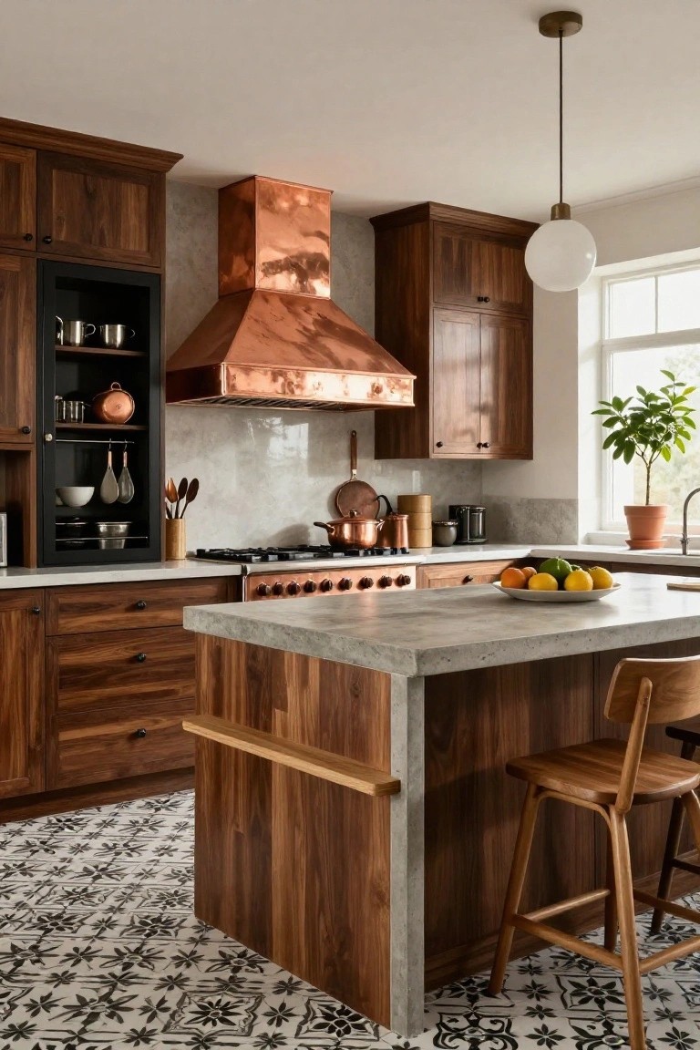 Modern kitchen with copper hood, wood cabinets, and concrete island.