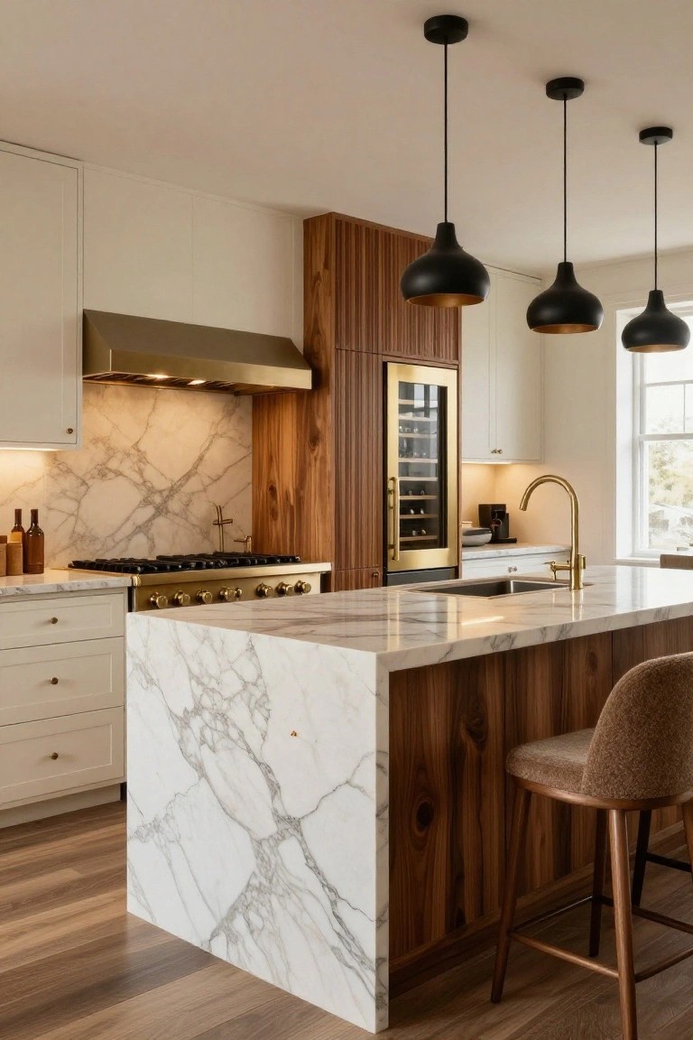 Modern kitchen with marble island, wood cabinets, gold fixtures, and pendant lights.