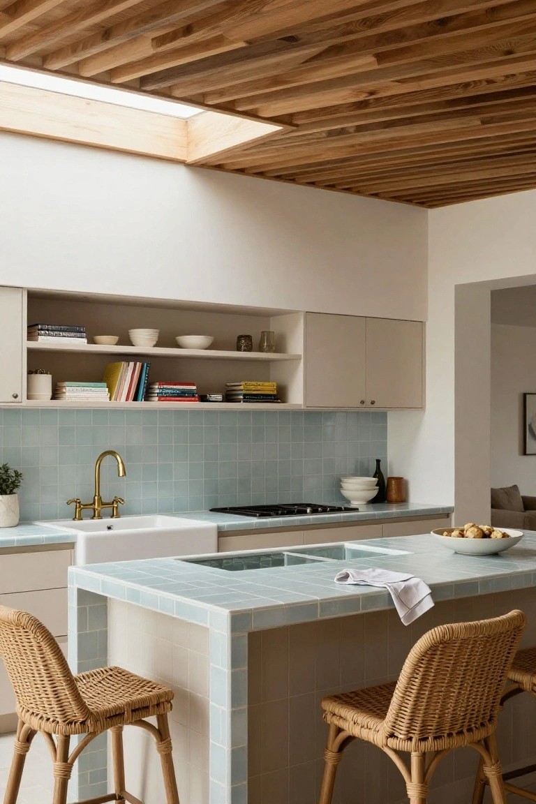 Modern kitchen with light blue tiles, wood ceiling, and woven barstools.