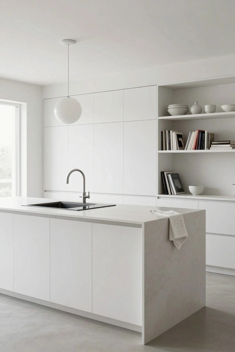 Modern minimalist white kitchen with marble island and open shelving.