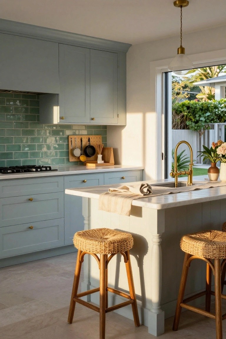 Modern kitchen interior with light blue shaker cabinets, green subway tile backsplash, gas range, white marble island topped with a linen runner, two rattan bar stools with wood legs, brass faucet at sink, and sliding glass doors open to lush backyard greenery.