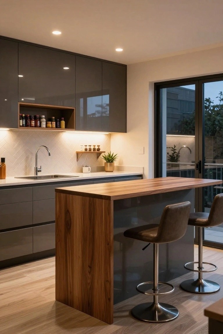 Modern kitchen interior with glossy dark gray cabinets, light wooden island countertop and bar with two leather stools, white subway tile backsplash, under-cabinet lighting, and sliding glass doors to outdoor balcony.