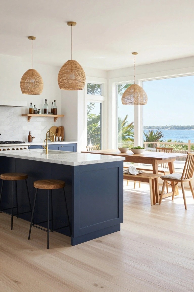Modern kitchen with navy island, marble counters, woven pendant lights, ocean view.