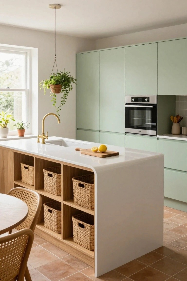 Modern open kitchen with pastel green cabinets, curved white quartz island featuring integrated wooden open shelves filled with wicker baskets, gold gooseneck faucet, and rattan dining chairs.
