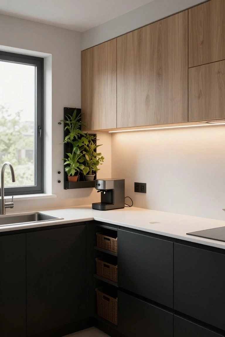 Corner view of a modern kitchen with light wood upper cabinets, matte black lower cabinets and drawers, white quartz countertop, stainless sink, espresso machine, wall-mounted plant shelf, and window.