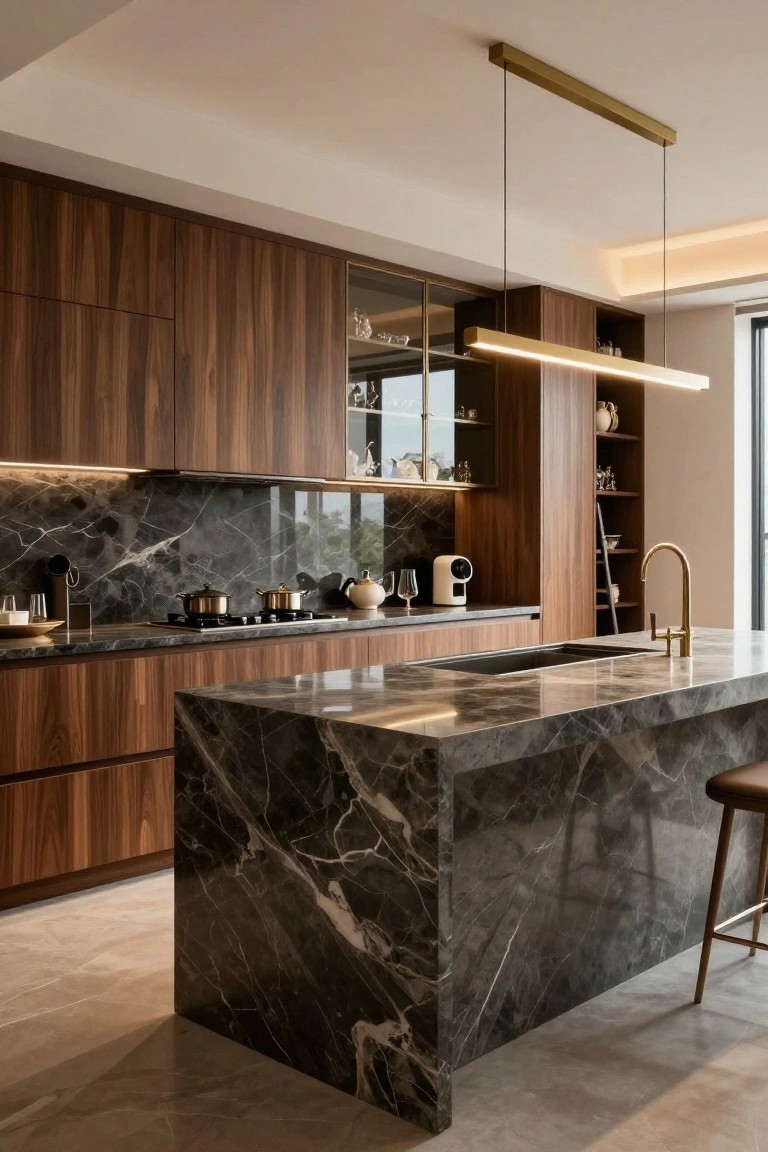 Modern kitchen interior with walnut wood cabinets, black veined marble countertops and backsplash, central island, gold pendant lights, and bar stools.