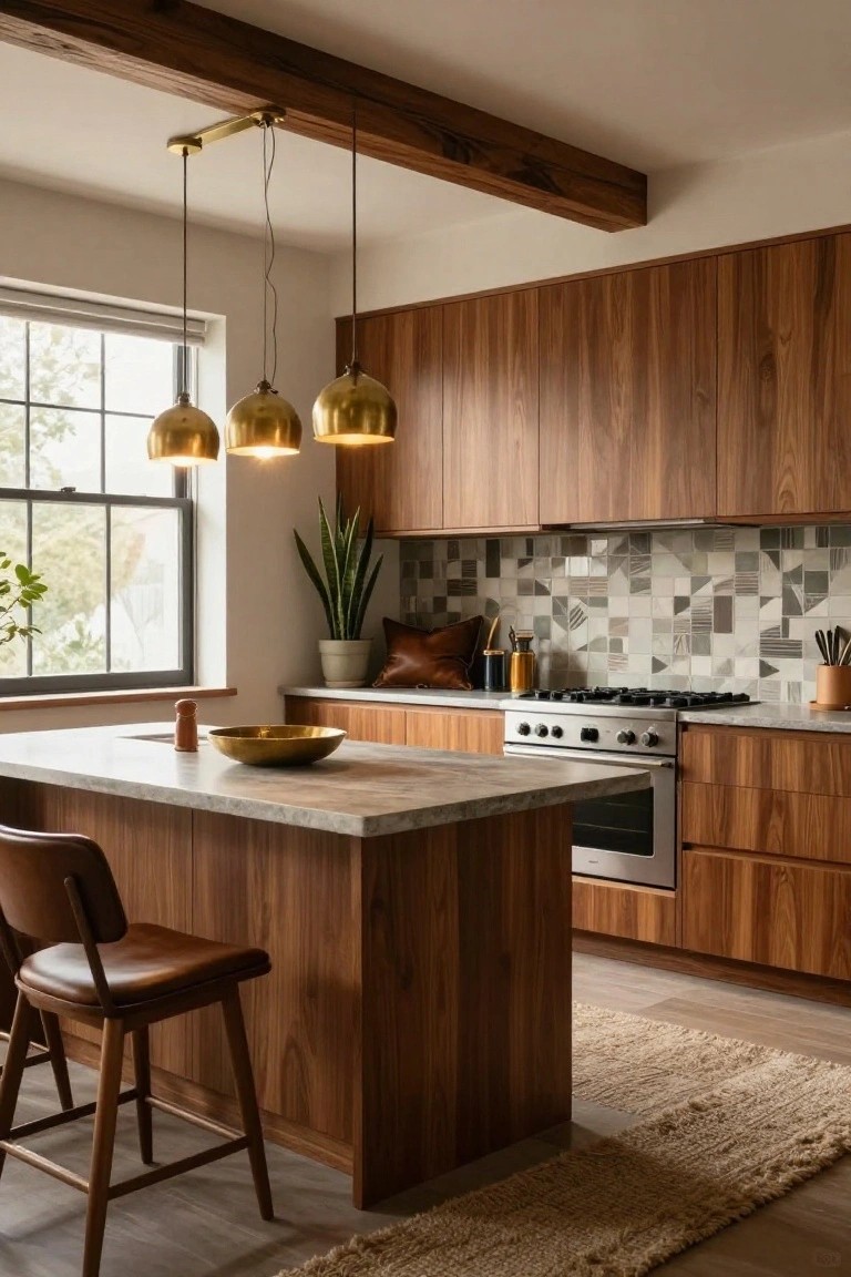 Modern kitchen interior featuring walnut wood cabinets and island, three brass pendant lights hanging above the island, geometric tile backsplash behind the stove, and a potted plant near a window.