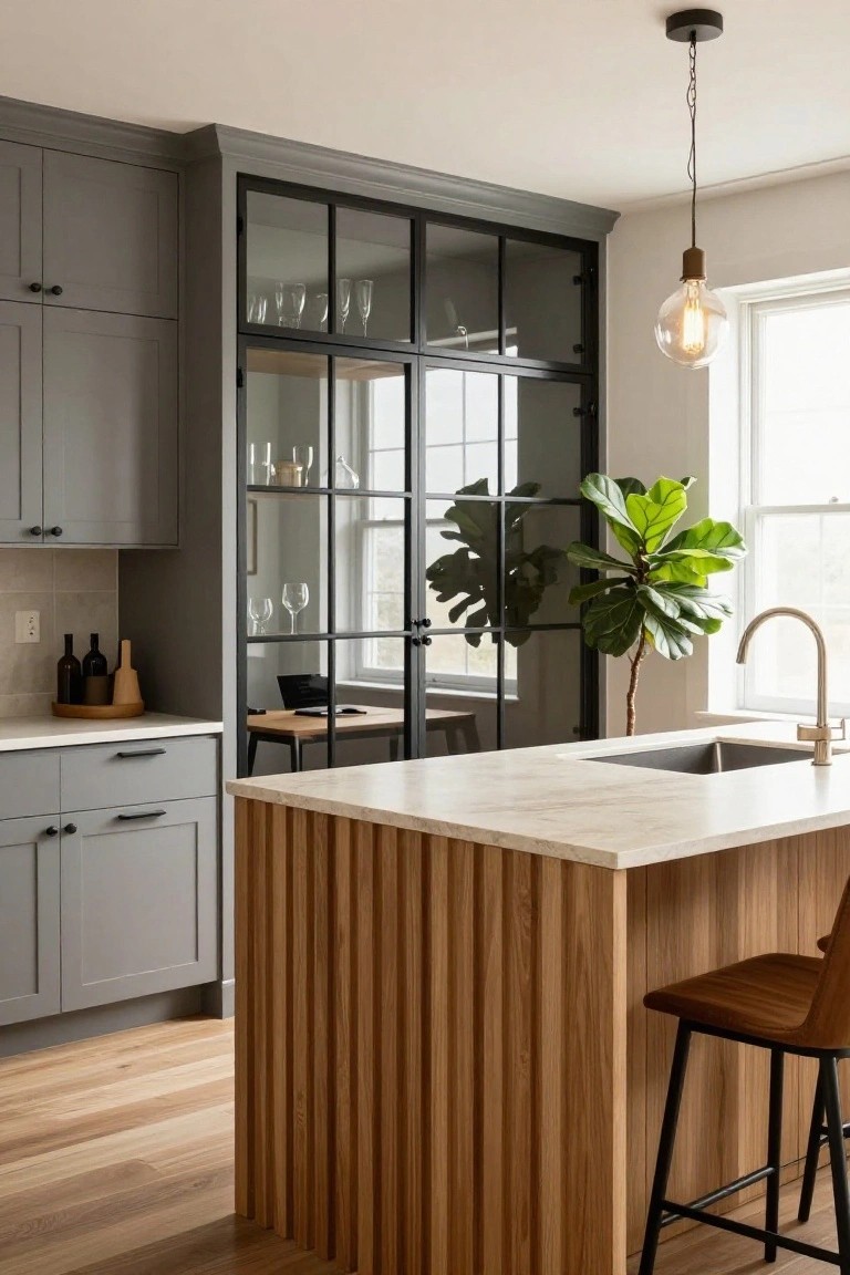 Modern kitchen with gray shaker-style cabinets, central island featuring vertical light wood slats and white quartz countertop, black metal-framed glass doors displaying glassware, wooden stools, and a large potted fiddle leaf fig plant by the window.