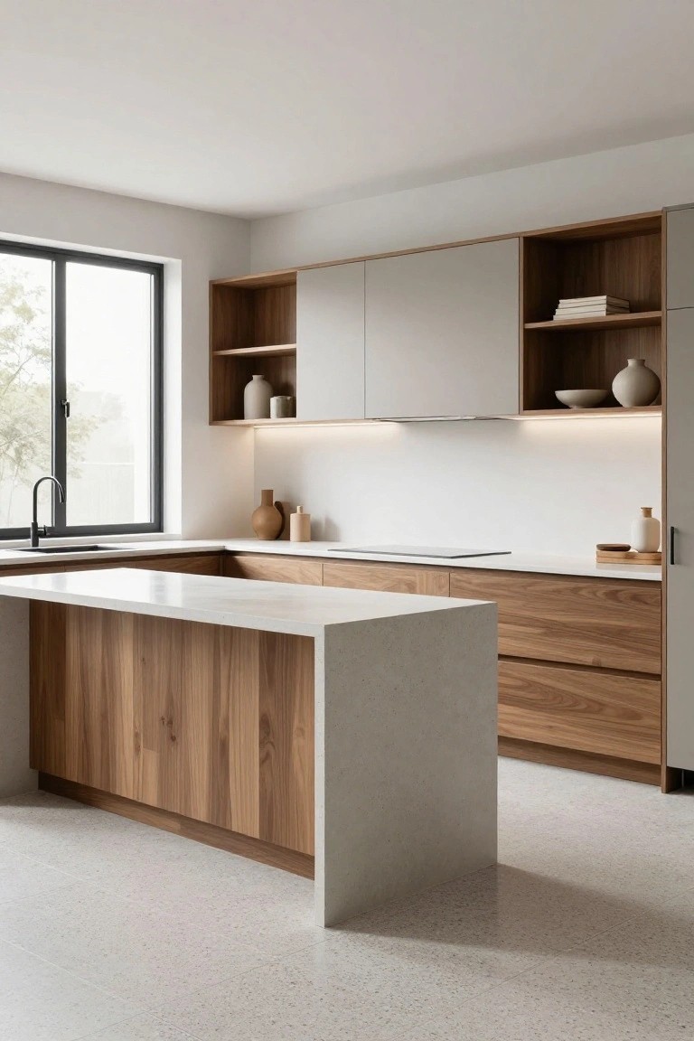 L-shaped modern kitchen with light wood lower cabinets and island peninsula, white quartz countertops, grey upper cabinets with open wood shelves, white backsplash, and a large window with black frame.