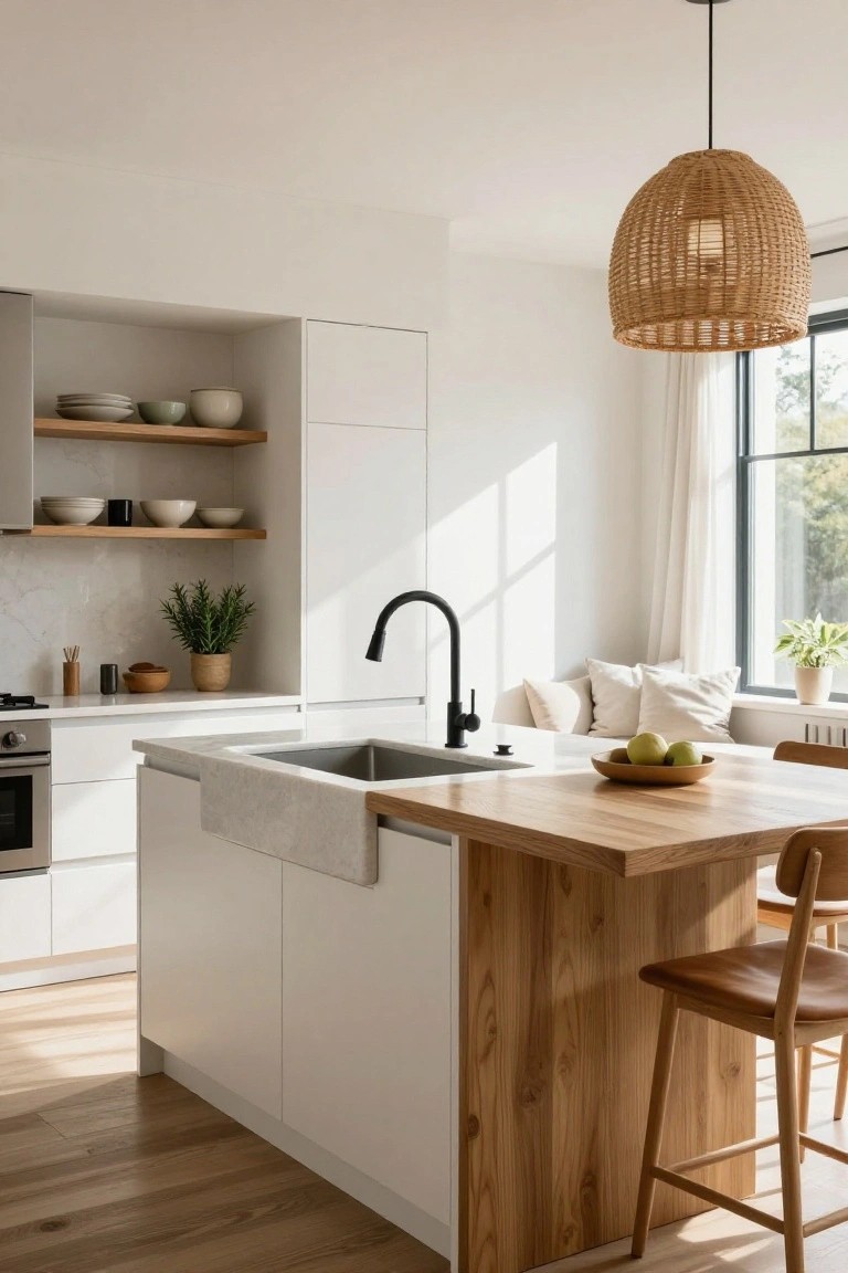 Bright modern kitchen with white cabinets, light wood-topped island including apron-front sink, black faucet, wooden bar stools, rattan pendant light, open shelves holding ceramics and plants, and window with sheer curtains.