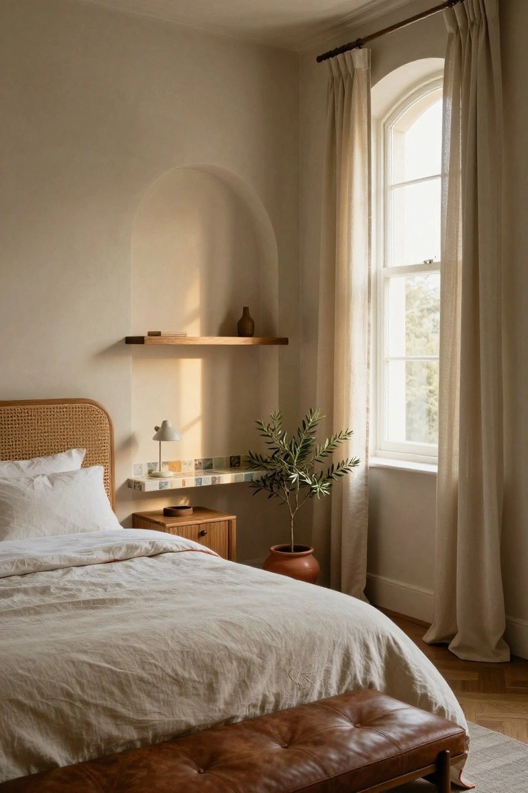 Bedroom corner with rattan headboard bed, white linen bedding, wooden nightstand holding olive plant in terracotta pot, arched window draped in sheer white curtains, wooden wall shelf with vase, and brown leather bench on parquet floor.