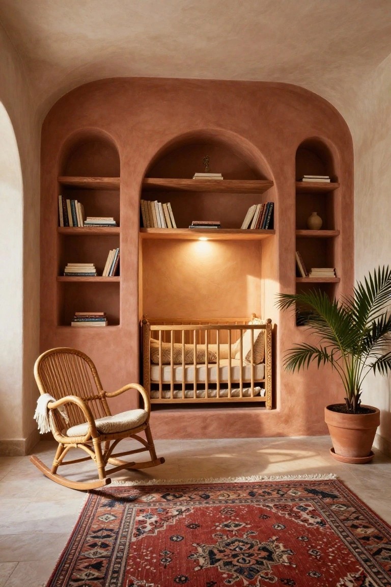 Indoor room with terracotta-colored arched plaster walls featuring built-in wooden bookshelves around a recessed wooden crib with bedding, a rattan rocking chair with throw, potted palm plant, and red patterned rug on tile floor.