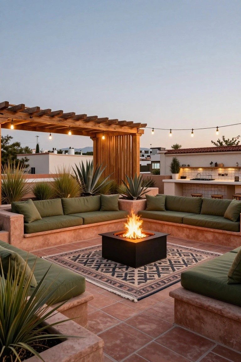 Rooftop terrace with terracotta tile floor, U-shaped built-in benches in olive green cushions surrounding a square black fire pit with flames, wooden pergola strung with lights, potted agave plants, and a bar kitchen in the background at dusk.