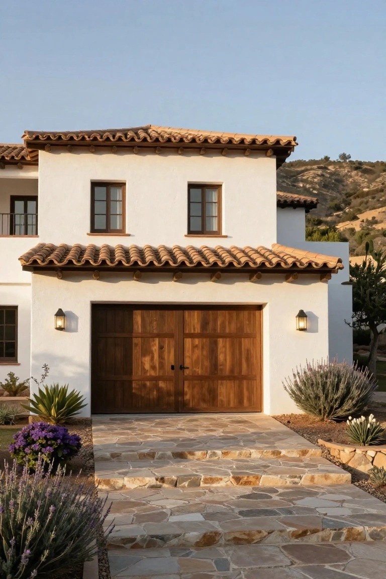 Mediterranean-style white stucco house with wooden garage and stone driveway.